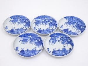 明治期　伊万里焼　染付樹下人物図小皿5客